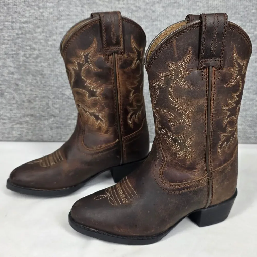 ARIAT HERITAGE WESTERN COWBOY DISTRESSED DARK BROWN LEATHER BOOTS – YOUTH SIZE 8